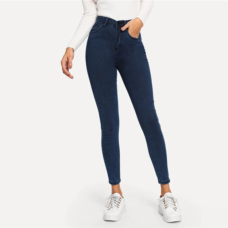SweatyRocks, однотонные обтягивающие джинсы с высокой талией, женская уличная одежда, темно-синие штаны на пуговицах,, весенние Повседневные базовые штаны и брюки