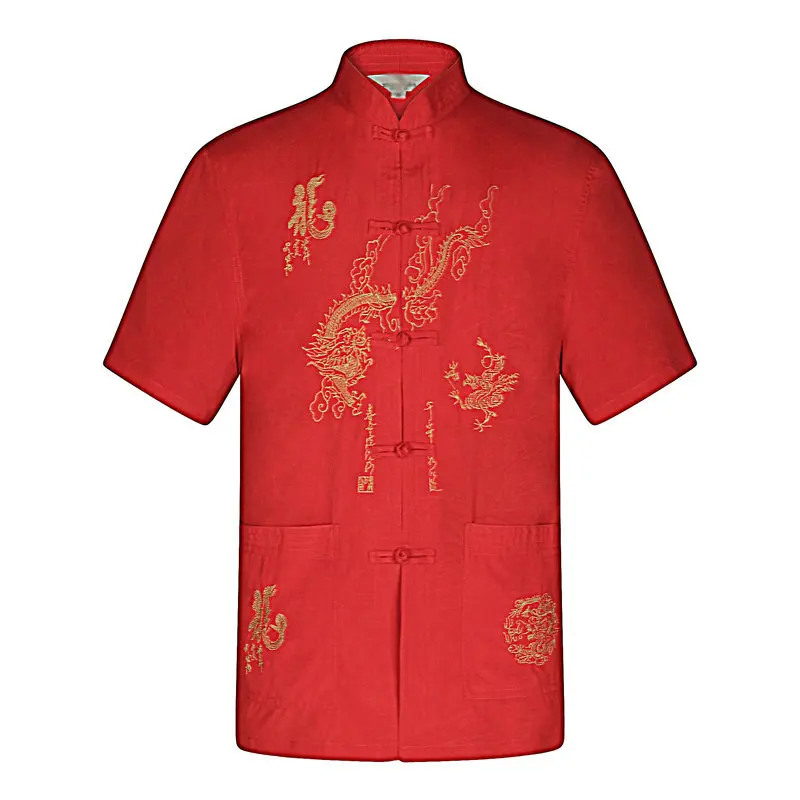 Red Tangzhuang Top WAEOLSA Мужская Летняя туника футболка китайский дракон, вышивка, топы Мужские Tangzhuang блуза мужская красная бежевая темно-синяя рубашка Восточный Топ - Цвет: Red Tangzhuang Top