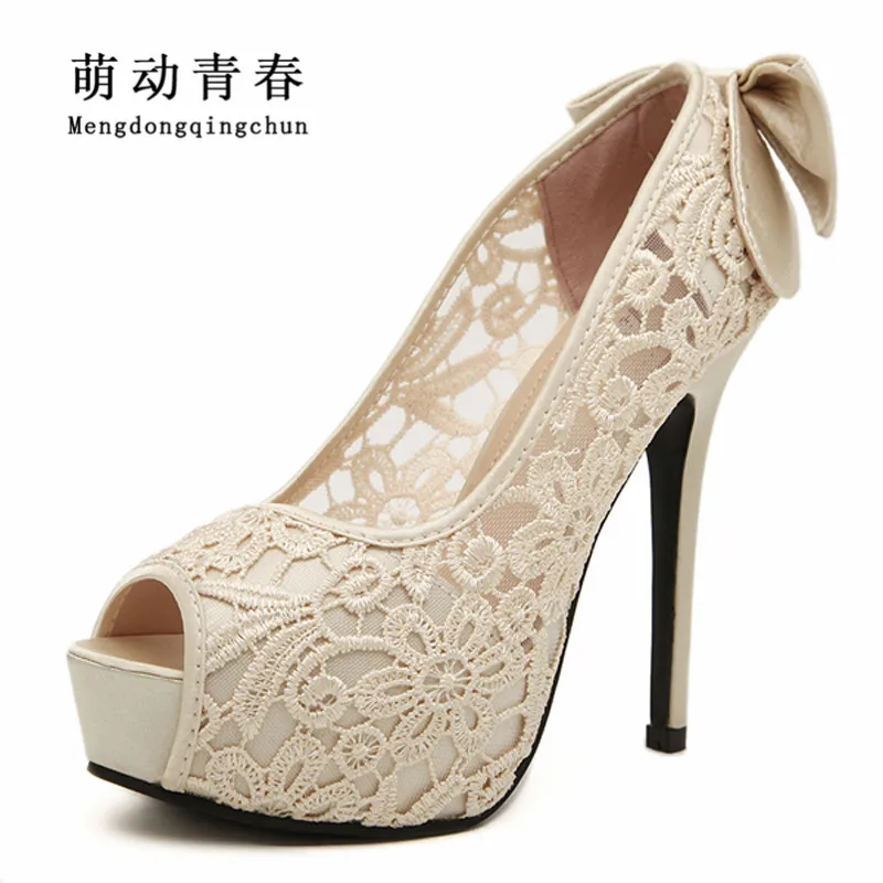 

2015 Women Wedding Shoes Sexy Lace Peep Toe High Heels Platform Pumps Summer Dress Pumps Womens Sweet Bow Bridal Shoes