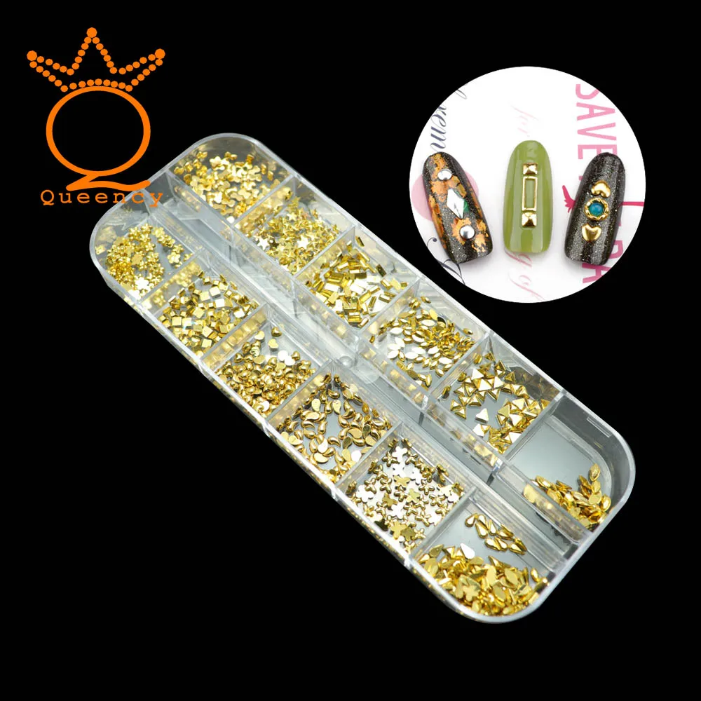 

1 box Gold Metal Nail Studs Rivet Star Square Triangle Heart Mixed 12 Shapes For 3D Nail Art Decoration DIY Accessories