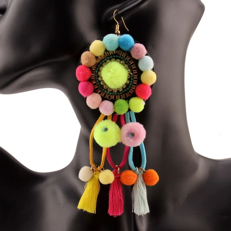 

Florosy Handmade Statement Colorful Cotton Ball Pom Pom Earrings for Women Gold Color Metal Rhinestone Rope Drop Dangle Earrings