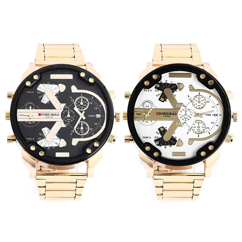 dz style military watches for men dual tiome zones golden steel band cool big case mens watches quartz wrist watch man (6)