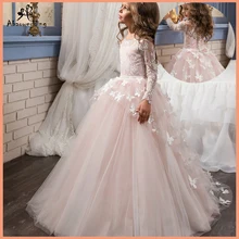 Fancy Flower Baby Girl Dress Child Long Sleeves Butterfly Pink Mesh Ball Gowns Kids Holy Communion Dresses 1-14 Year Old 2018