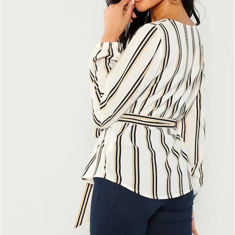 المرأة بلوزة شيفون قميص 2019 الإناث ملابس طويلة الأكمام Blusas الشيفون المرأة مكتب البلوزات طباعة مخطط نقطة سيدة C0567