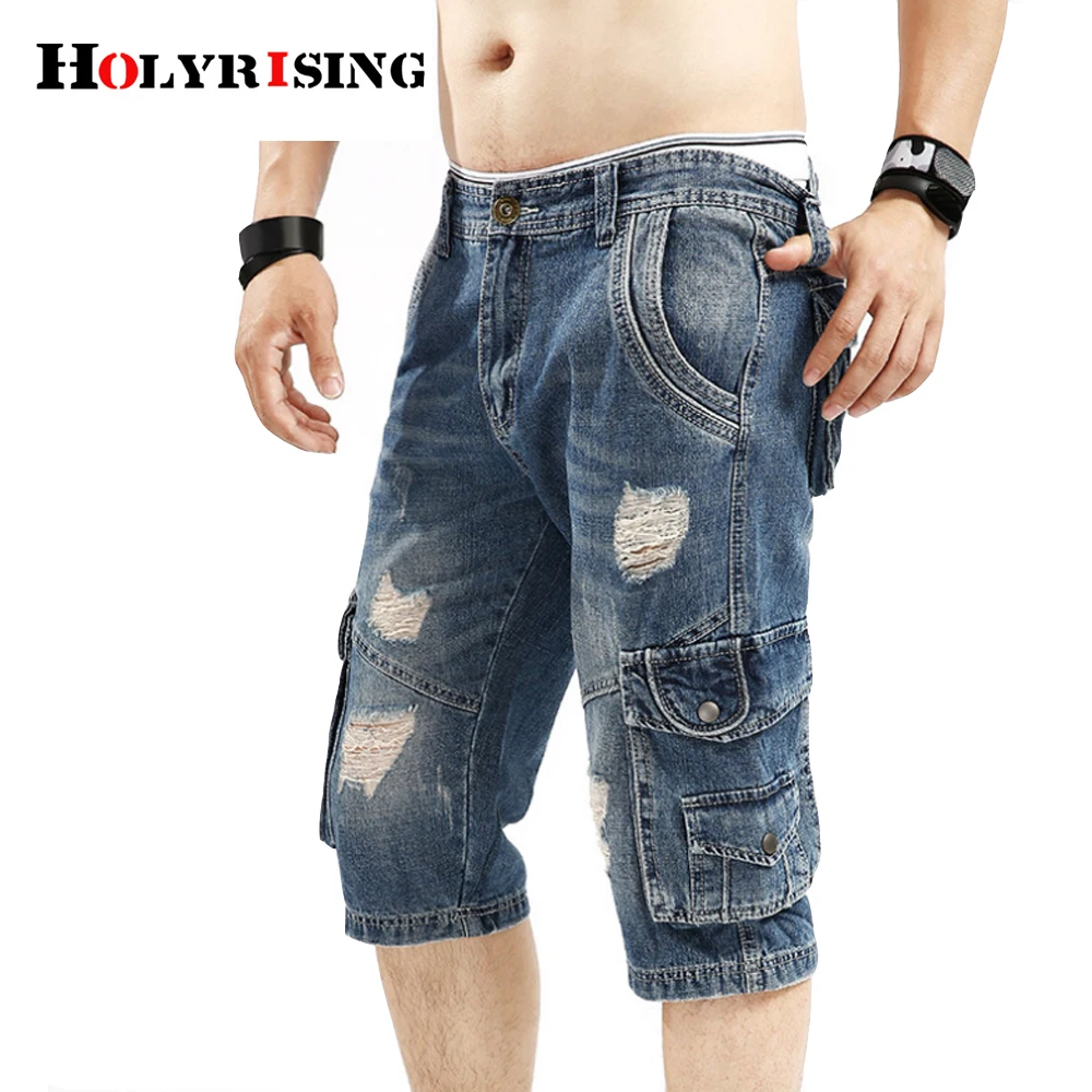 Pria Retro Kargo Celana Pendek Denim Vintage Asam Dicuci Memudar Multi