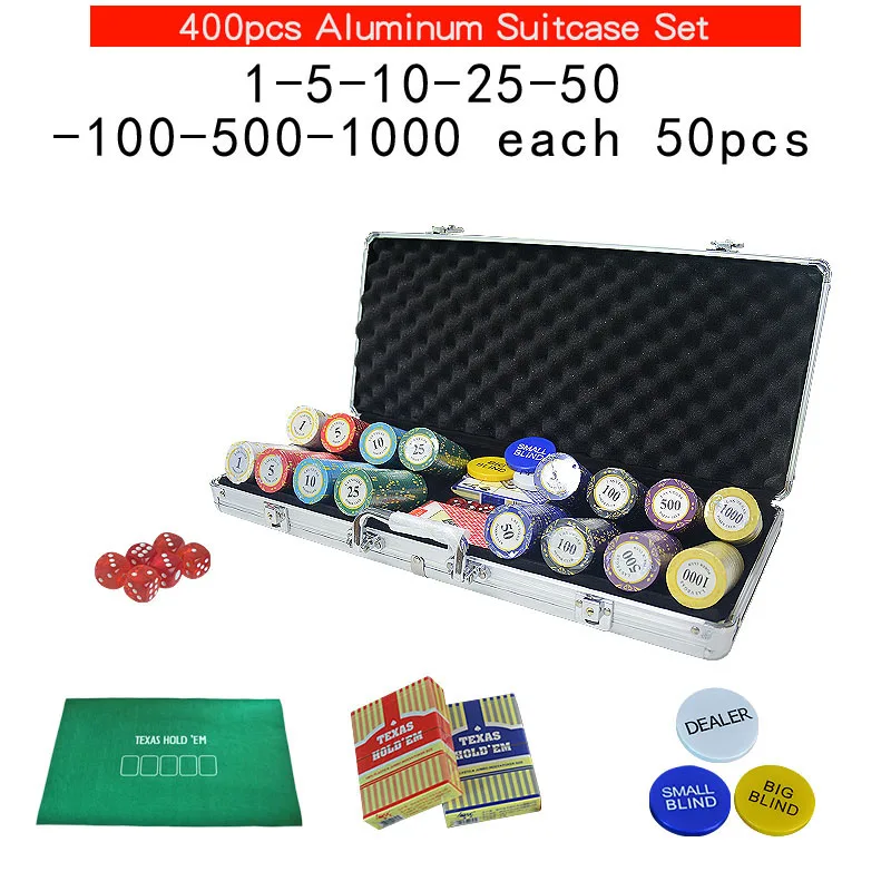 100~500Casino Texas Clay poker chips set Las Vegas Pokers Aluminum Suitcase with Playing cards&Dices&Dealer Buttom& Cloth