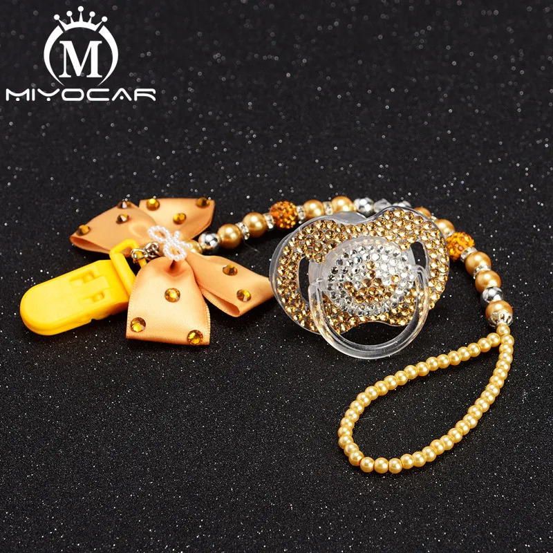 

MIYOCAR bow bling rhinestone princess pacifier clip holder dummy clip and bling golden crown pacifier dummy idea gift