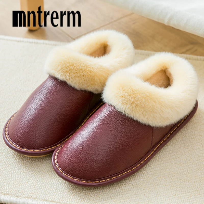 Mntrerm/ зимние плюшевые теплые домашние кожаные тапочки; нескользящая Толстая теплая домашняя обувь; Хлопковые женские тапочки; домашняя обувь для пар