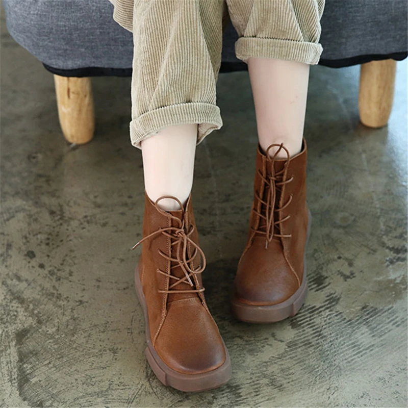 

Women Work Boots Genuine Leather Winter Shoes 2019 Casual Ankle Boots Flat heels Women Handmade Leather Martin Boots Brand Shoes