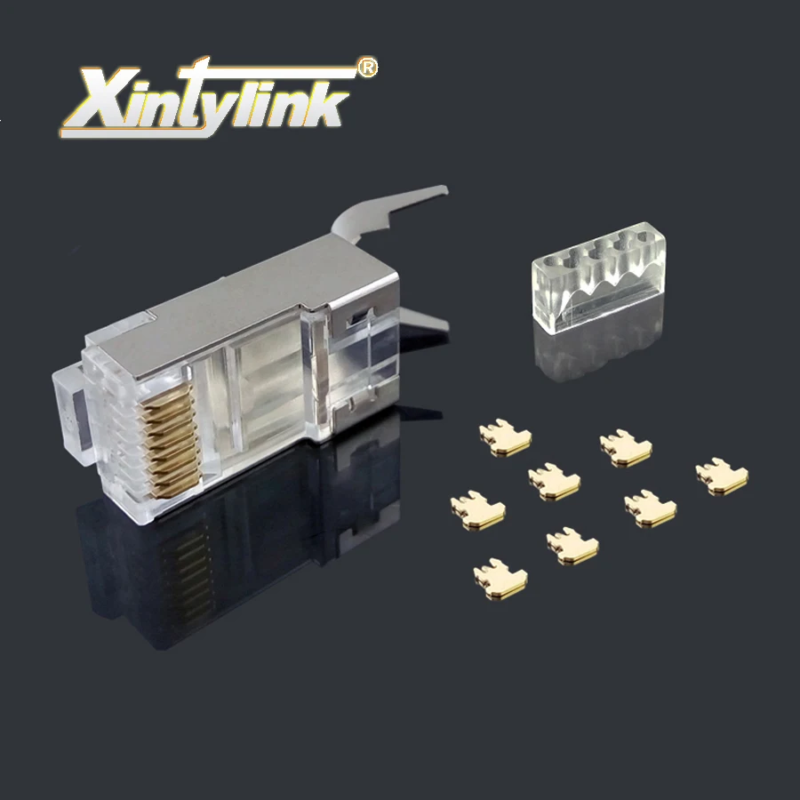 xintylink rj45 connector ethernet cable plug cat7 cat6a male network gold plated 8P8C metal shielded stp 8pin load bar 1.3mm 50u xintylink 50pcs rj45 connector rj45 plug cat6 network connector gold plated utp male 8p8c unshielded ethernet connector load bar