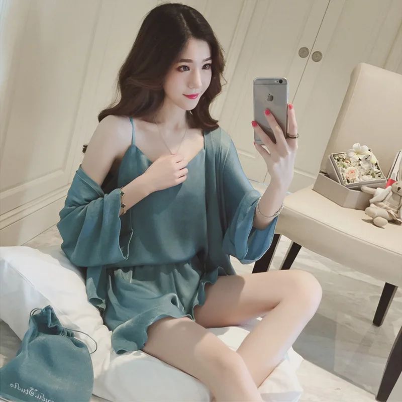 

Womens Pajama Set New Pure Color Silk Four Pieces of Casual Silk Pajamas Women's Sexy Conditioning Suspender Home Wear Pj Set