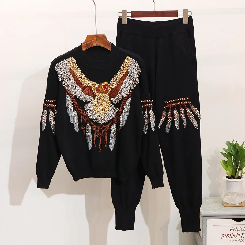 

Autumn Women's Long Sleeve Retro Knitting Pullover Pants Set Sequin Beading Sweater + Pants Two Piece Female Leisure Pants Set