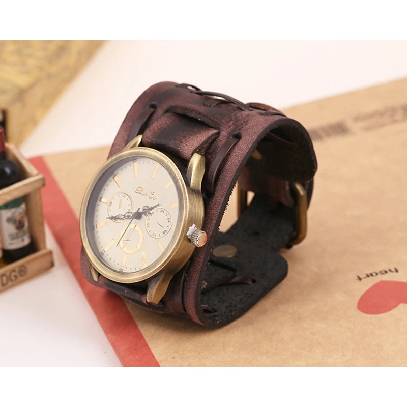 

AAA Fashion Watches men relogio masculino New Style Retro Punk Rock Brown Big Wide Leather Bracelet Cuff Men relogio masculino