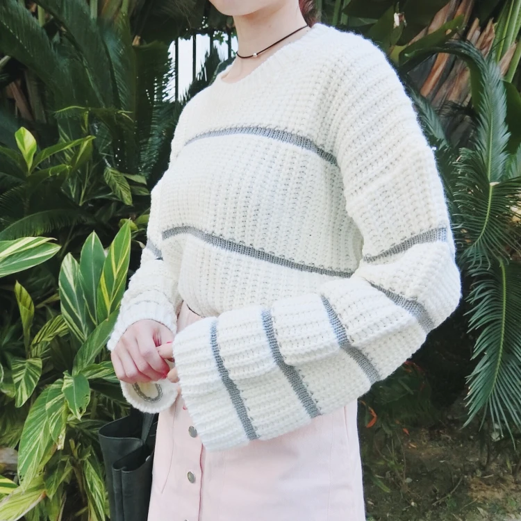 Зимний корейский женский укороченный топ, пуловер с длинными рукавами, яркие цвета, в полоску, с Лунной вышивкой, Harajuku, вязаный розовый свитер