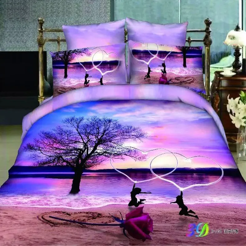 Fashion Home Textile Sets Lake Sunset Lovers Rose 3d Beach Bedding