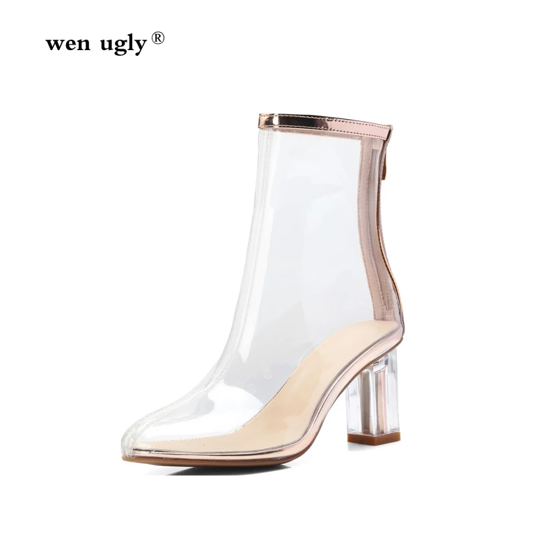 

wen ugly Women's ankle boots transparent shoes crystal with winter boots botines mujer 2018 autumn fashion 11cm high heel boots