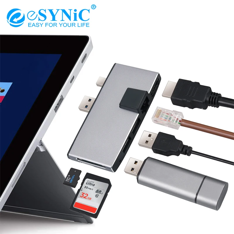 ESYNiC портативный для Surface Pro концентратор с 1000 м Ethernet LAN+ 2 порта USB 3,0+ Mini DP к HDMI+ SD/TF(Micro SD) Адаптер для карты памяти