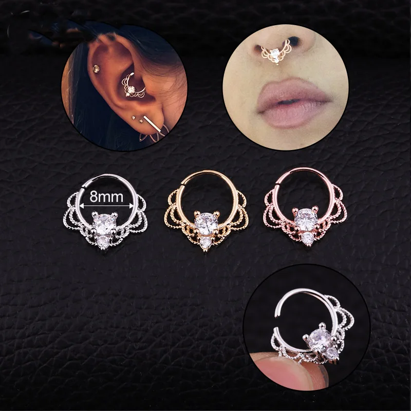 

1PC Silver And Gold Color Cz Daith Piercing Earring Tribal Indian Septum Ring Nose Piercing Body Jewelry