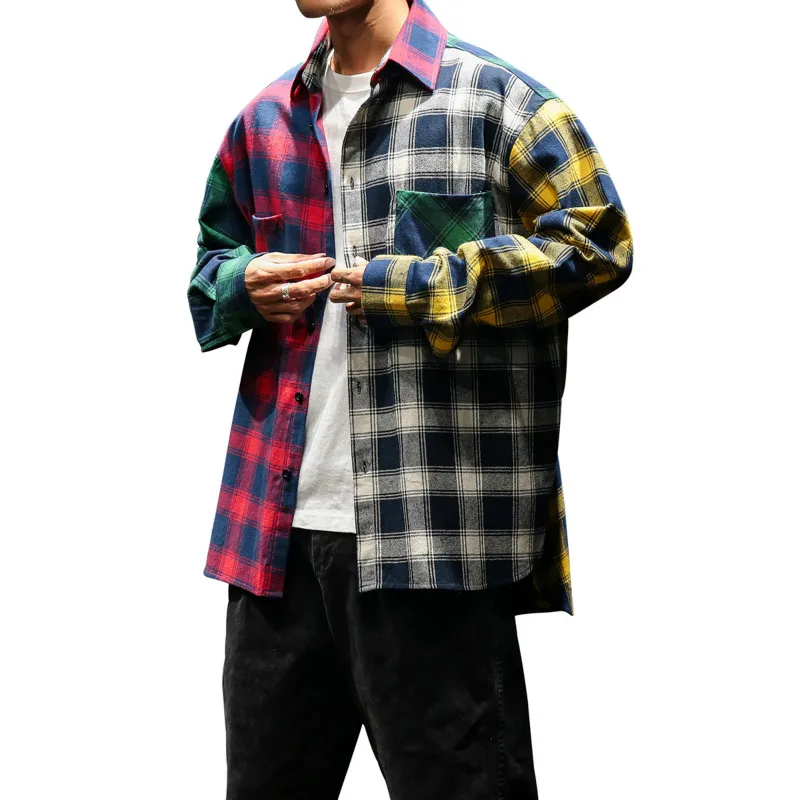 

2019 Quality Summer And Spring Long Sleeve Shirt For Men Cotton Easy lattice shirt Color collision Splicing Red, yellow, black