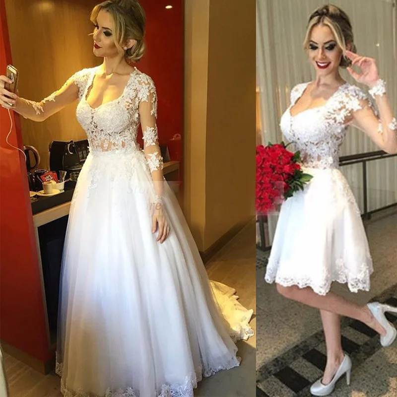 vestidos de novia corto con desmontable tren una línea romántica