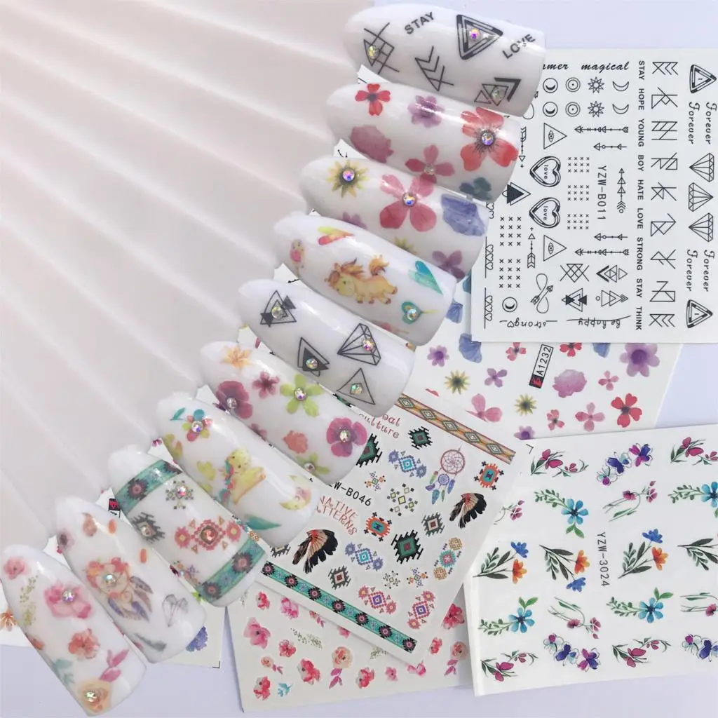 

FWC Nail Sticker Water Transfers Stickers Mixed Colorful Dried Flowers Feather Designs Decal DIY Nail Art Foil Tips Stencil