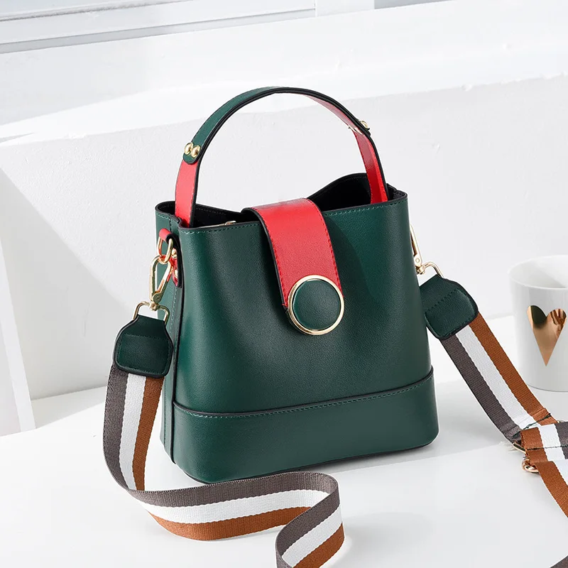  Striped Wide Shoulder Strap Women Bucket Bag Solid Color Buckle Handbag Fashion Simple Shoulder Bag - 33011905054