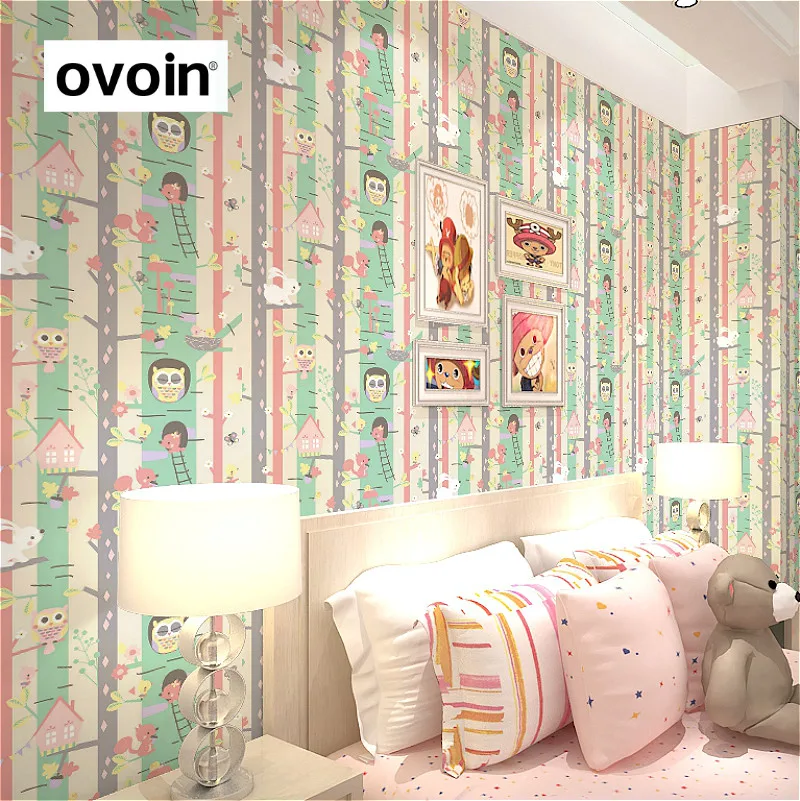 

Pink Green Owl Bird Wallpaper Children Tree Plant Designer Wall Paper for Kids Room Living Room Bedroom