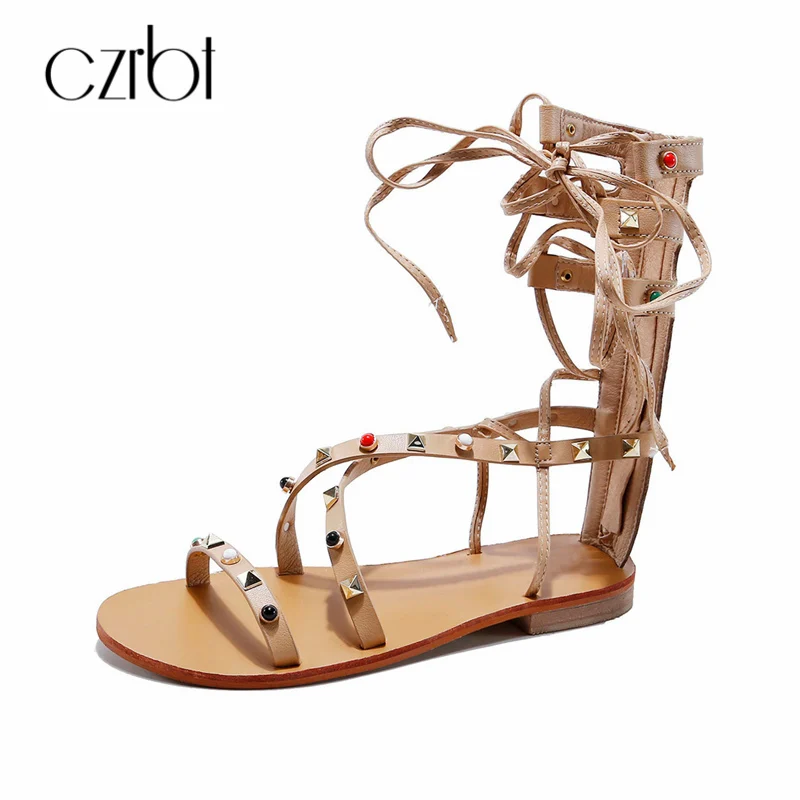 

CZRBT Gladiator Style Rivet Genuine Leather Shoes Women Flats Sandals Shoes Cross Tied Ankle Strap Summer Party Flats Shoes