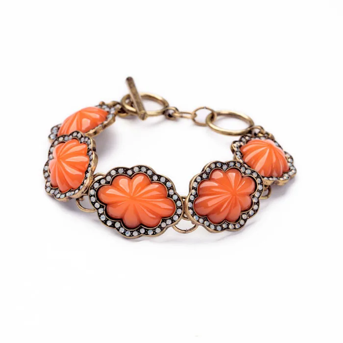 

Women Charm Bangles 2014 Resin Glass Zinc Alloy Antique Gold Color Beautiful Handmade Resin Flower Orange Bracelet
