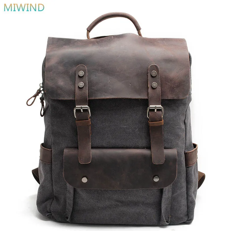 

MIWIND Hot Retro Canvas Both Shoulder Backpack Neutral College Wind Bag Cotton Canvas With Top Layer Crazy Horse Leather Bag