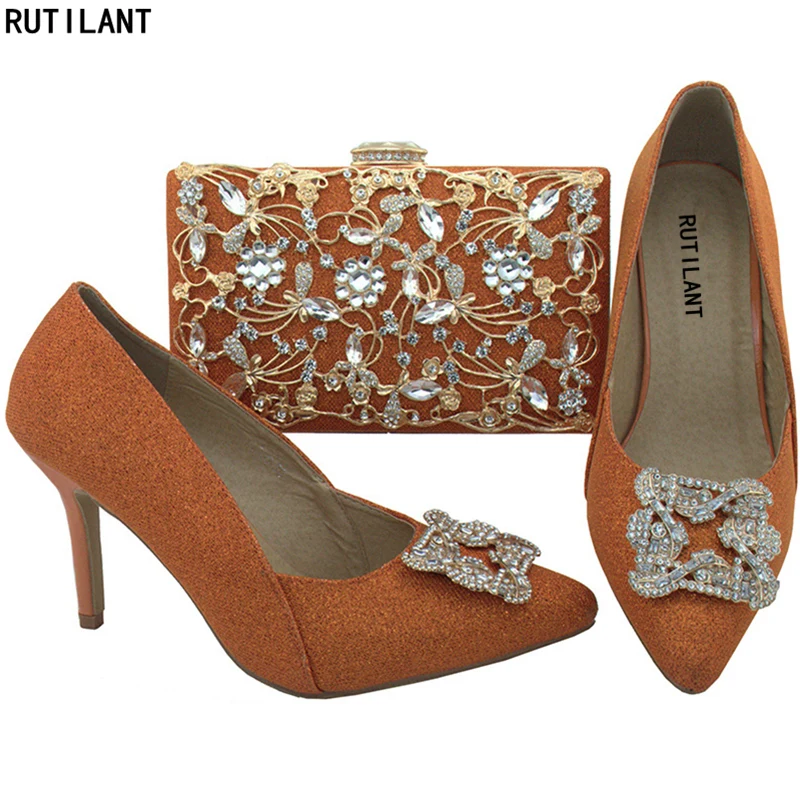 

Orange Color African Shoes and Matching Bags Italian Ladies Italian Shoes and Bag Set Decorated with Rhinestone Nigerian Shoes