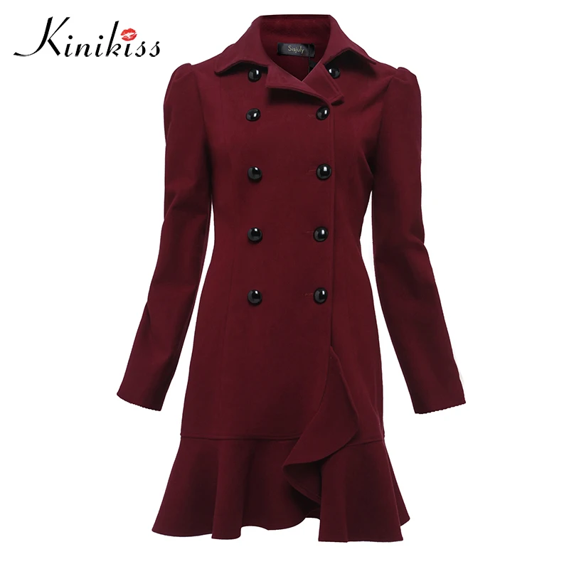 Kinikiss Red ruffle warm winter Trench coat Women turndown long coat