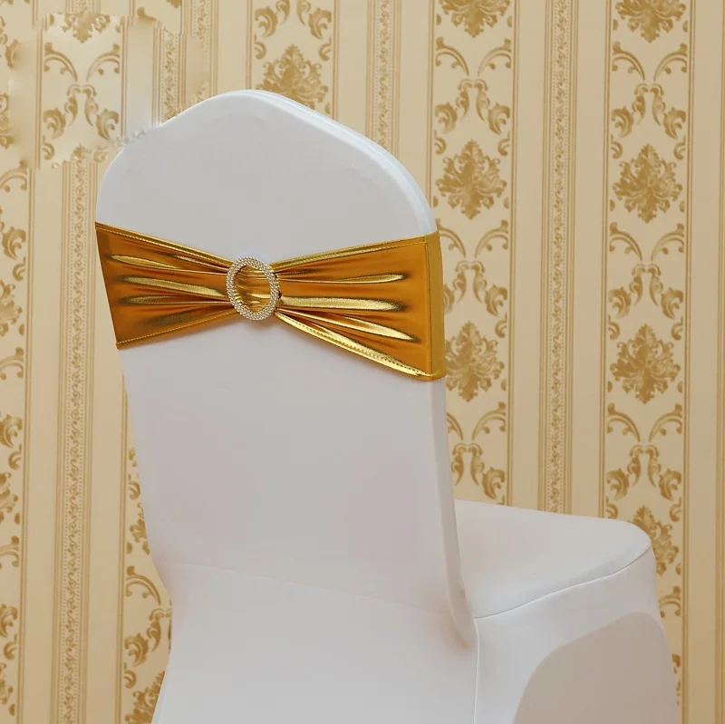

hot sale shiny metallic gold colour lycra sash spandex band shiny ribbon with round buckle spandex bow tie wedding decoration