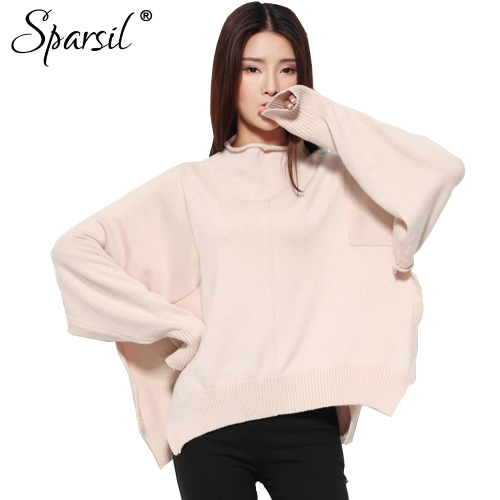 

Sparsil Women Autumn Loose Wool Sweaters Half Turtleneck Batwing Sleeve Hem Split Oversized Solid Knitted Pullovers Jersey