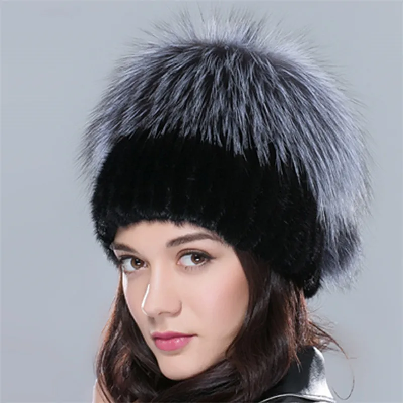 ธรรมชาติมิงค์จริงsilver foxขนหมวกหมวกสำหรับผู้หญิงสานยืดหยุ่นนุ่มอบอุ่นขนสัตว์แท้หญิงฤดูหนาว...