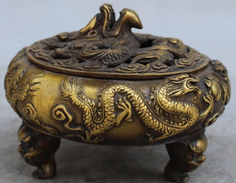 

6" Marked Chinese Pure Bronze Dragon Play Bead Incense Burner Censer Statue S0708