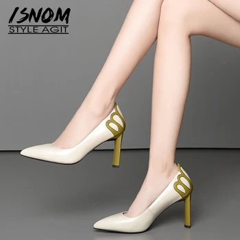 

ISNOM Genuine Leather Pumps Women Stitching Pointed Toe Footwear Shallow Shoes Female High Heels Shoes Woman Spring 2019 New