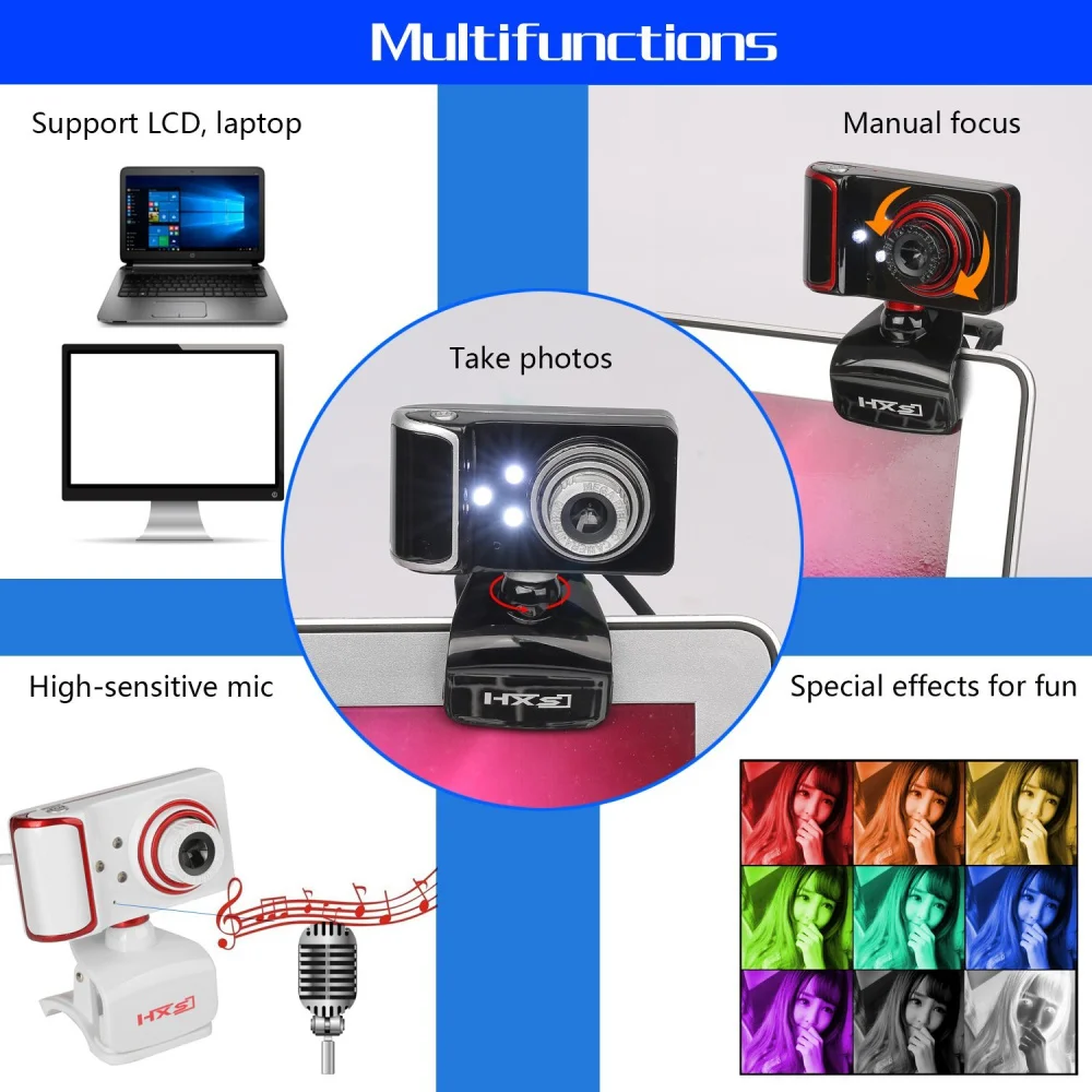 HXSJ 480P Computer Camera Rotation Adjust HD Network Camera Clamp Type 3 LED Camera Web Camera with Microphone for Android TV PC