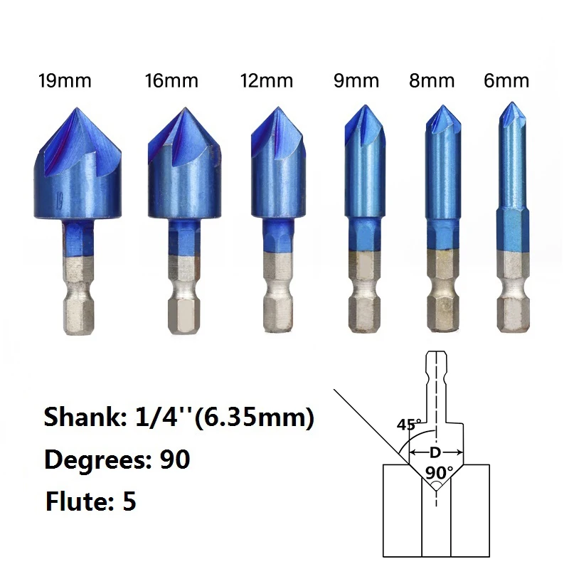 XCAN 6 шт. 6-19 мм 90 градусов 5 флейт сверло с желобками набор HSS фаски Резак нано синий покрытием Зенковка сверло
