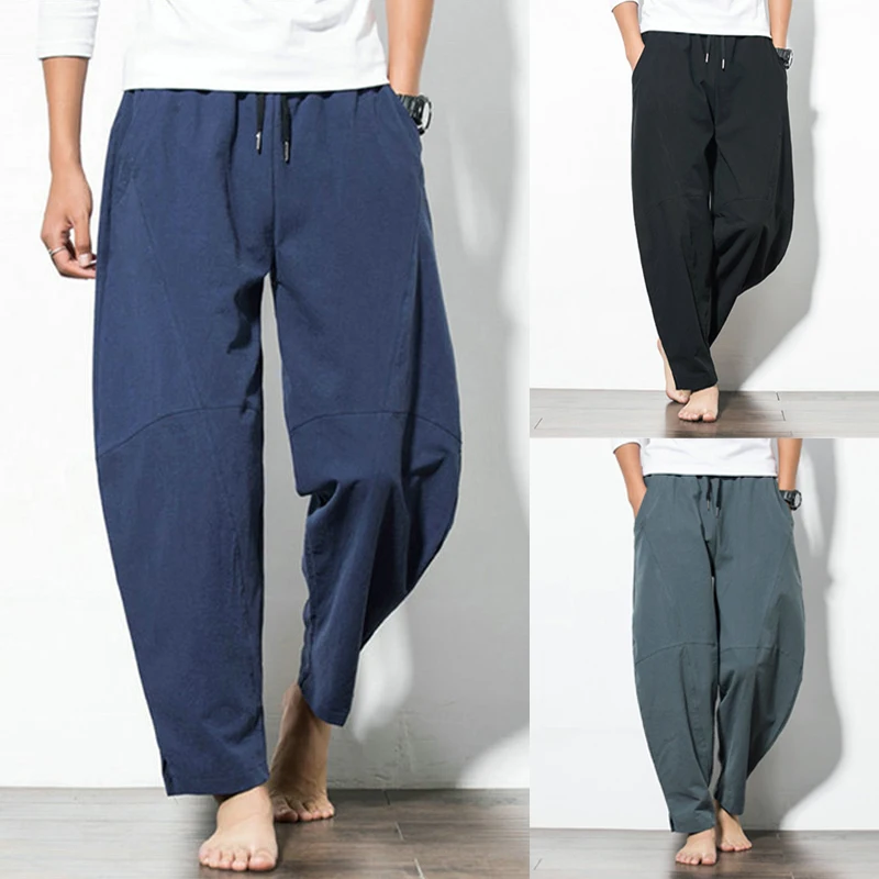 

Japan Style Harem Trousers Men's Pants Baggy Wide Pants Cotton Loose Fitness Joggers Workouts Elastic Waist Pockets Pantalones