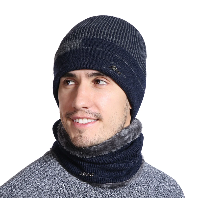 Новинка, зимние шапки для мужчин, высокое качество, на каждый день, Skullies Beanie, шапка, в полоску, дизайн, зимняя шапка, шерстяной шарф, шея, теплая, вязаная шапка