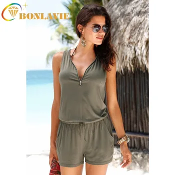 

Women casual jumpsuit fashion Sleeveless Zipper V Collar Jumpsuit Casual Beach Pants Elegant Solid Green Black Brown color