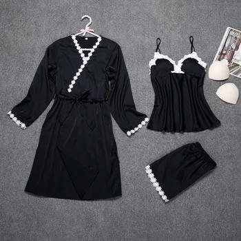 

3 Pieces Ladies Sexy Silk Satin Robe Set Include Bathrobe+Top+Short Pant+Belt Summer Sleepwear Set Charming NightWear For Women