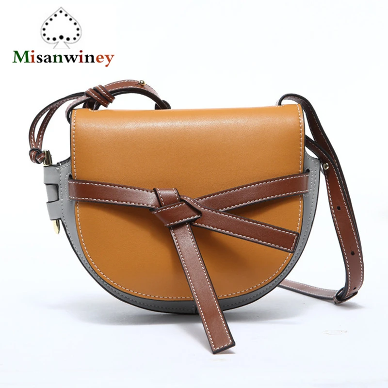 

Unique Designer Genuine Leather Women Handbag Bow Belt Saddle Bag Semi-circle Shoulder Messenger Color Matching Crossbody Bags