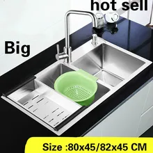 Квартира большая кухонная ручная раковина двойной паз сделать блюда 304 нержавеющая сталь Горячая 80x45/82x45 см