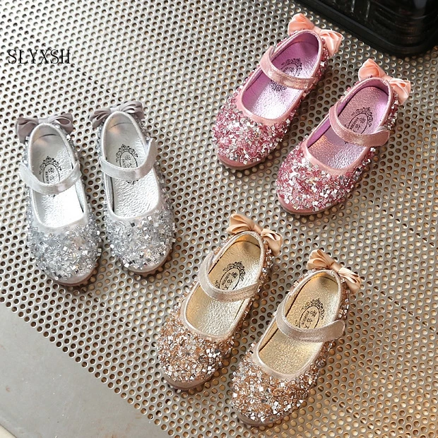 

SLYXSH Fashion Girls Leather Shoes Sequins Glitter Shoes For Girls Spring Autum Children Princess Shoe Pink Silver Golden