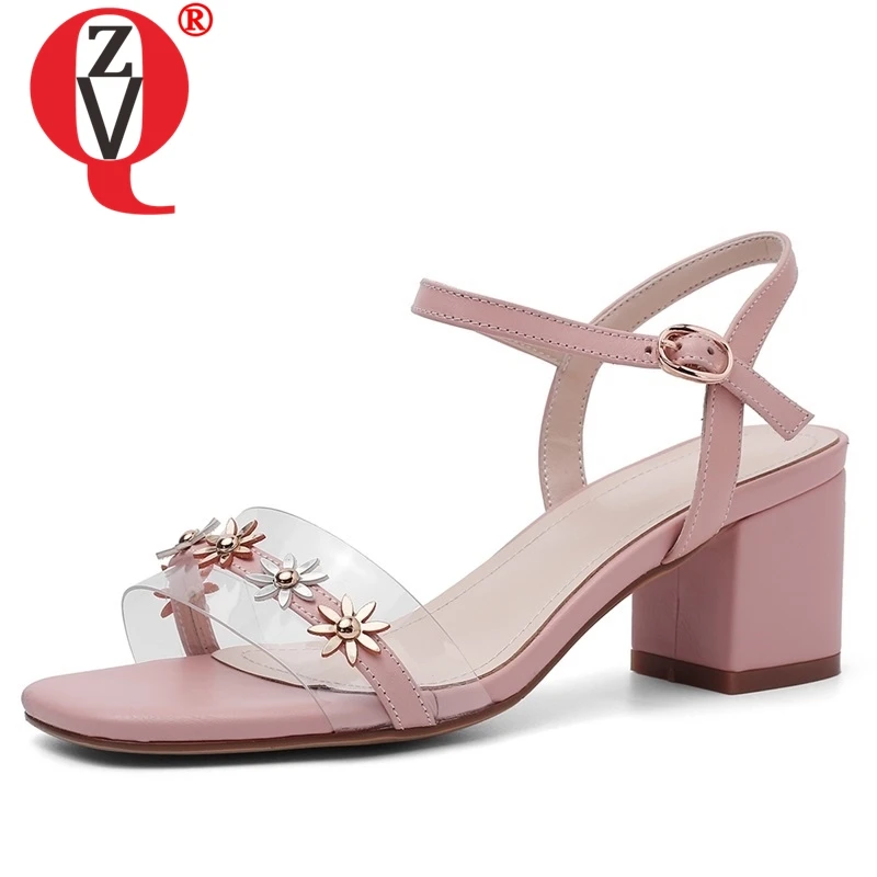 

ZVQ shoes woman 2019 summer new fashion sexy flower genuine leather woman sandals outside high hoof heels buckle ladies shoes
