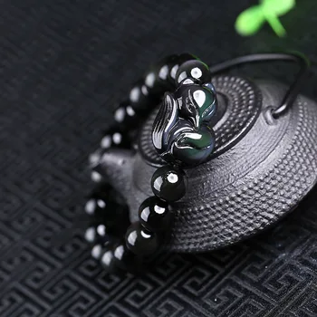 

Natural Black Obsidian Stone Round Bead Bracelet Rainbow Eye Fox Bracelet Single Lap Hand String Bangle Gift for Lover's Jewelry
