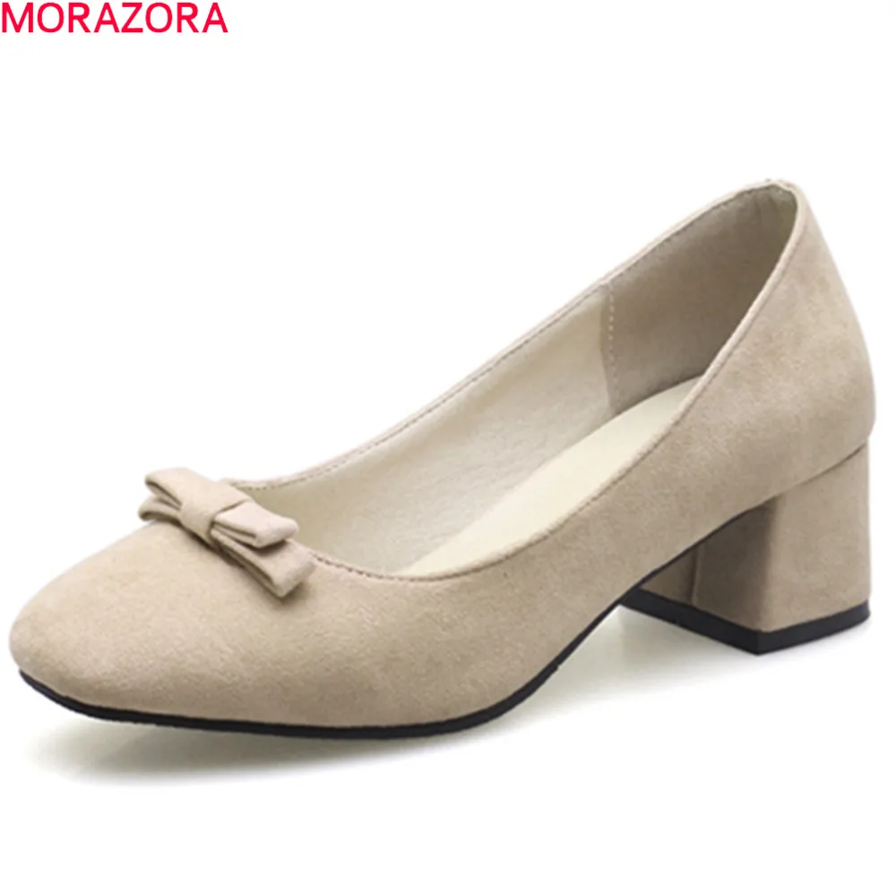 

MORAZORA square heels summer spring pumps women shoes with butterfly knot square toe shallow slip on med heel woman shoes