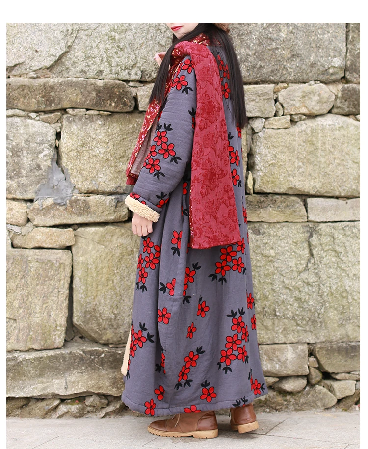 LZJN Women's Chinese-Style Floral Embroidered Trench Coat, Maxi Loose Overcoat, Windproof Fleece Jacket, for Autumn and Winter